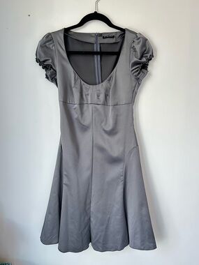Sisley Satin Gray Scoop-Neck Midi Dress with Puff Sleeves
